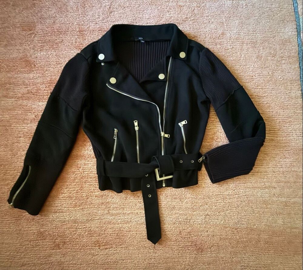 FATE Black Mixed Media Belted Moto Jacket Size Large